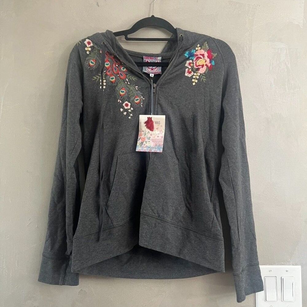 Johnny Was Vernazza Floral & Peacock Zip Up Embroidered Hoodie Jacket Small NWT